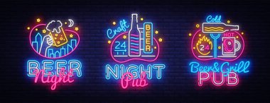 Büyük set neon tabela, Tema bira. Bira Pub Neon afiş vektör. Tasarım şablonu, modern trend tasarım, gece ışık tabela, parlak reklam gece. Vektör çizim