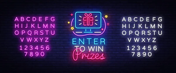 Eingeben, um Preise zu gewinnen Neon Sign Vektor Design Template. Geschenk-Neon-Design, Lichtbanner Design-Element bunte moderne Design-Trend, Nacht helle Werbung, helle Zeichen. Vektor. Bearbeiten von Text Leuchtreklame — Stockvektor