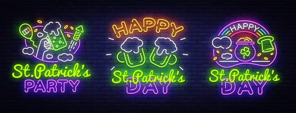 St. Patricks Day néon signe vecteur de collecte. Happy Saint Patricks Day Modèle de conception et web pour bannière, affiche, carte de vœux, invitation de fête, bannière légère. Illustration isolée — Image vectorielle