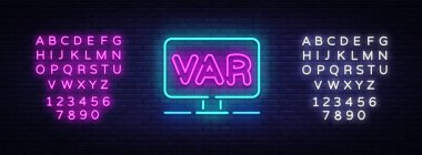 Video yardımcı hakem neon işareti vektör. Futbol, futbol Var sistem Tv ekran tasarım şablonu neon tabela, ışık afiş, neon tabela, ışık yazıt üzerinde. Vektör. Metin neon işareti düzenleme