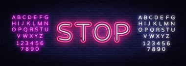 Neon metin vektör tasarım şablonu durdurmak. Stop neon logo, ışık afiş tasarım öğesi renkli modern tasarım trend, gece parlak reklam, parlak işareti. Vektör. Metin neon işareti düzenleme