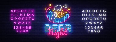 Bira neon işareti vektör. Bira gece tasarım şablonu neon tabela, ışık afiş, neon tabela, parlak reklam, her gece yazıt ışık. Vektör çizim. Metin neon işareti düzenleme
