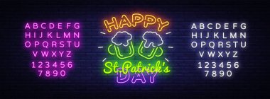 Happy St Patricks Günü neon işareti vektör. Hayalet ve web afiş, poster, tebrik kartı, yeni yıl eğlencesi daveti için mutlu Saint Patricks Günü tasarım şablonu. Metin neon işareti düzenleme