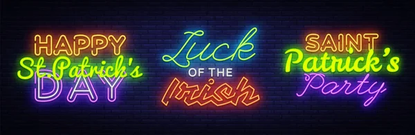 Grande cartello al neon set per il giorno di San Patrizio. Happy Saint Patricks giorno insegna al neon, modello di design, design di tendenza moderna, notte insegna al neon, notte pubblicità luminosa. Illustrazione vettoriale — Vettoriale Stock