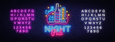 Pub Neon tabela vektör. Bira Pub neon tabela, tasarım şablonu, modern trend tasarım, gece neon tabela, gece parlak reklam, ışık afiş, ışık sanat. Vektör. Metin neon işareti düzenleme