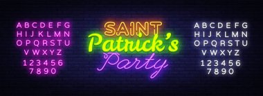 St Patricks parti tasarım şablonu neon işareti vektör. Aziz Patrick, tebrik kartı, ışık afiş, neon tarzı gece parlak reklam. Vektör çizim. Metin neon işareti düzenleme