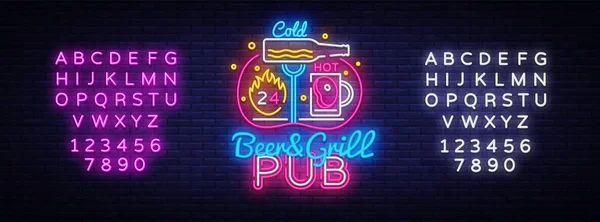Beer Grill neon sign vector design template. Beer Night neon logo, light banner design element colorful modern design trend, night bright advertising, bright sign. Vector. Editing text neon sign — Stock Vector