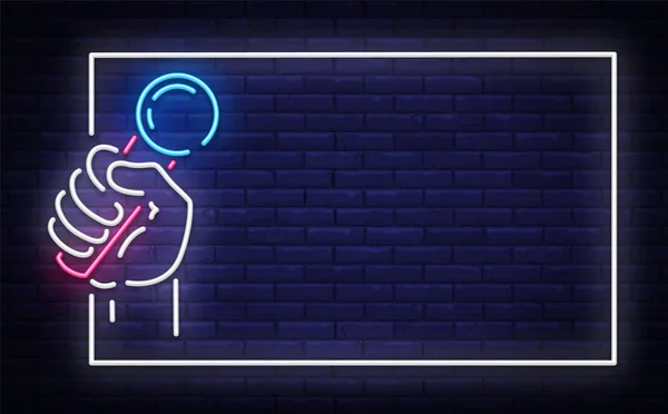 El Neon tabela vektör çerçeve içinde mikrofon. Canlı müzik neon tabela, hazır tasarım şablonu, modern trend tasarım, gece neon tabela, gece parlak reklam, ışık afiş kadar. Vektör