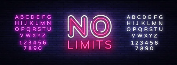 No Limits Neon Text Vector. No Limits letrero de neón, plantilla de diseño, diseño de tendencia moderna, letrero de neón de noche, publicidad brillante noche, banner de luz, arte de la luz. Vector. Edición de texto signo de neón — Vector de stock