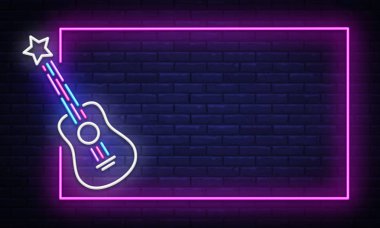 Rock müzik neon işareti vektör. Neon çerçeve Rock Star tasarım şablonu, ışık afiş, gece tabela, her gece parlak reklam, ışık yazıt. Vektör çizim