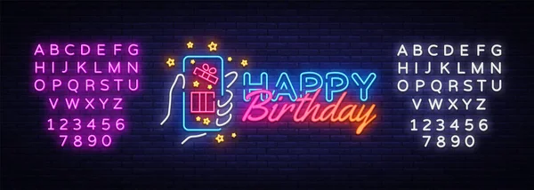 Happy Birthday neon sign vector. Happy Birthday concept with smartphone in hand Design template neon sign, light banner, neon signboard, nightly bright advertising. Vector. Editing text neon sign