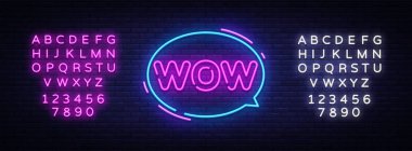 Vay canına Neon metin vektör. Wow pop sanat neon tabela, tasarım şablonu, modern trend tasarım, gece neon tabela, gece parlak reklam, banner, hafif sanat ışık. Vektör. Metin neon işareti düzenleme