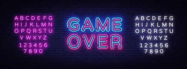 Jogo sobre Neon vetor de texto. Game Over neon sign, modelo de design de jogos, design de tendência moderna, sinalização de néon noturno, publicidade brilhante noturna, banner de luz, arte leve. Vector. Edição de texto sinal de néon — Vetor de Stock