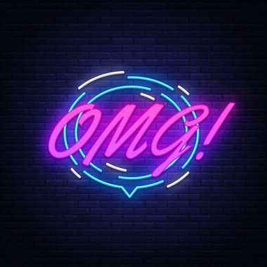 OMG Neon metin vektör. Komik yazı Omg neon tabela, tasarım şablonu, modern trend tasarım, gece neon tabela, konuşma balonu, poster ve etiket kavramı, ışık afiş. Vektör çizim