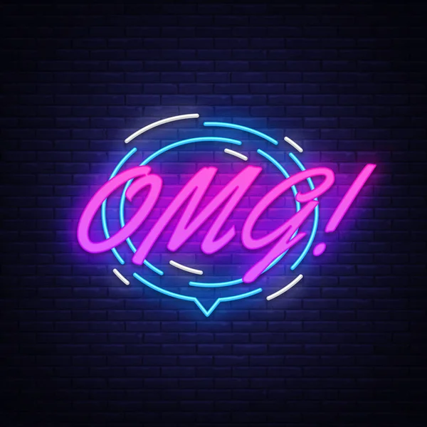 OMG Neon-Vector. Comic leeping OMG neon sign, design template, modern trend design, night neon sign, speech bubble, poster and sticker concept, light banner. Векторная иллюстрация — стоковый вектор