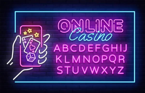 Casino neonskylt vektor formgivningsmall. Casino Online neon ram, ljus banner design element färgglad modern inredning trend, natt ljusa reklam. Vektorillustration. Redigera text neonskylt — Stock vektor