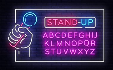 Neon tabela vektör çerçeve içinde ayağa kalk. Mikrofon elinde neon tabela, stand tasarım şablonu, modern trend tasarım, gece neon tabela, gece reklam. Vektör. Metin neon işareti düzenleme