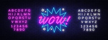 Neon işareti vektör Vay. Komik konuşma balonu ifade metin Wow, tasarım şablonu neon tabela, ışık afiş, neon tabela, ışık yazıt ile. Vektör çizim. Metin neon işareti düzenleme