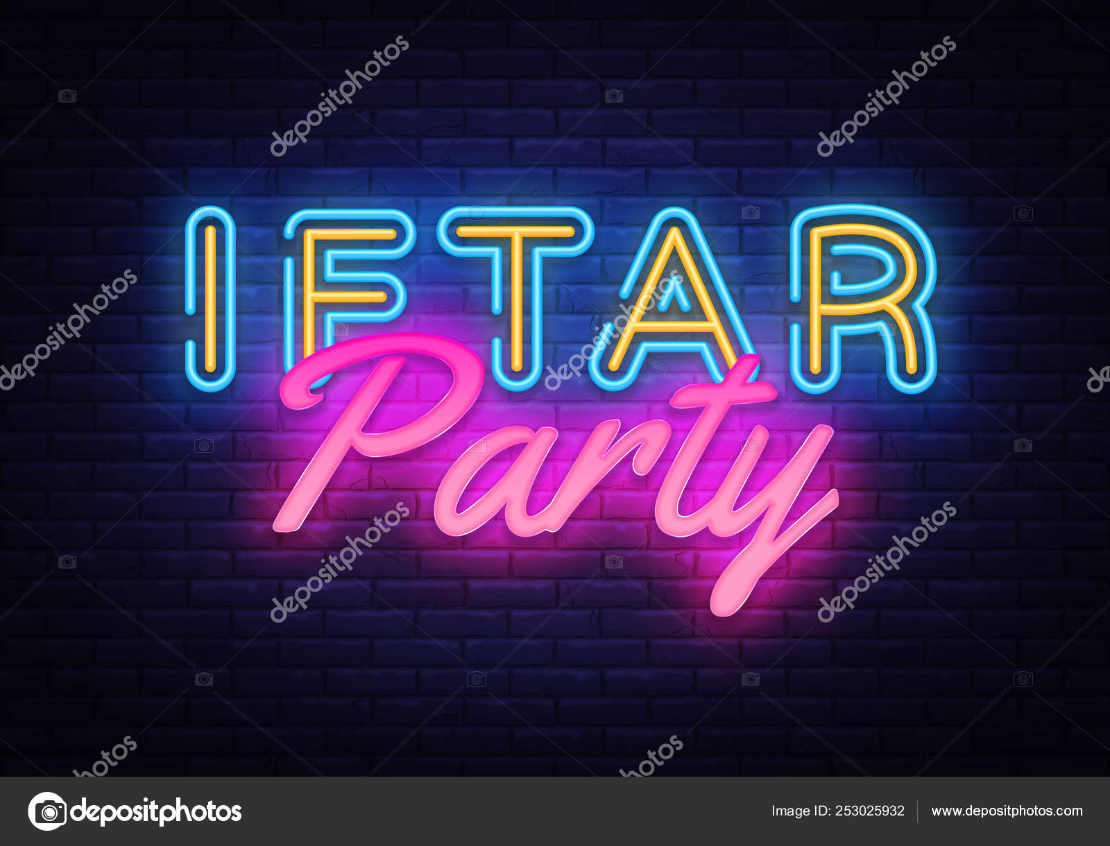 イフタール パーティー招待状カード ネオン デザイン ベクトル イラスト 現代のネオン スタイルでイフタール パーティーお祝いデザイン テンプレート 聖なる月ラマダン カリムのイスラム教徒の休日 イスラムのバナーの背景 ストックベクター C Soifer