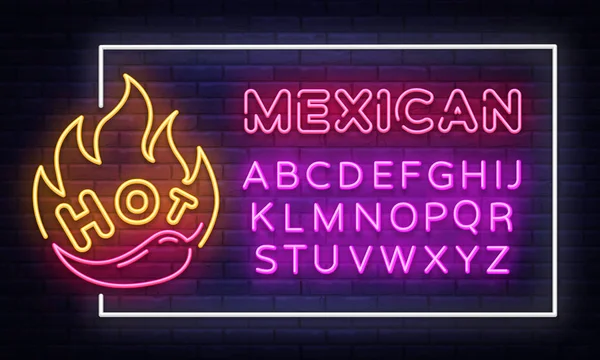 Мексиканська їжа неоновий знак векторний шаблон оформлення. Мексиканська їжа неонові кадр світло банер дизайн елемент кольоровий сучасний дизайн тенденція яскравою рекламною ніч, яскраві знак. Вектор. Редагування тексту неоновий знак — стоковий вектор