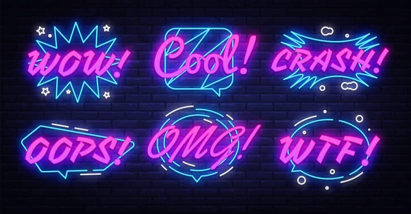 Neon komische spraak bubbels set met verschillende emoties en tekst Wow, cool, crash, Oeps, OMG, WTF. pop art-Neon Signs, design element kleurrijke moderne design trend. Vector illustratie — Stockvector