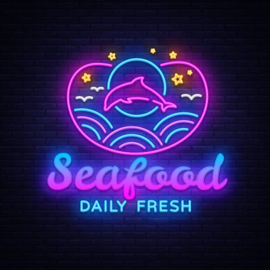 Deniz ürünleri Restoran neon işareti vektör. Deniz ürünleri günlük taze tasarım şablonu, kavram ışık afiş, neon tabela, her gece parlak reklam, ışık yazıt. Vektör çizim