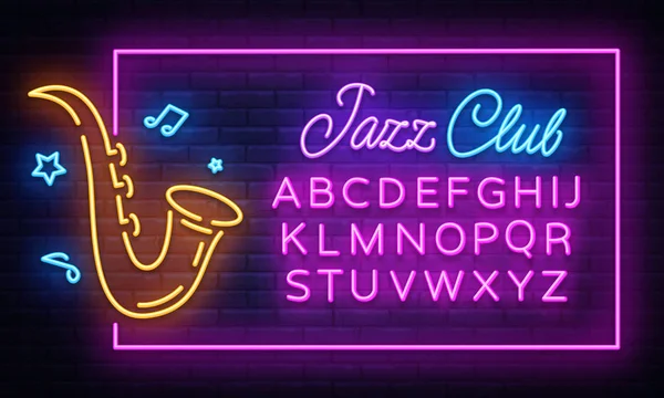 Jazz Music Neon Signboard in Frame Vector (en inglés). Letrero de neón de música en vivo, plantilla de diseño, diseño de tendencia moderna, letrero de neón nocturno, publicidad brillante nocturna, banner de luz. Vector. Edición de texto signo de neón — Archivo Imágenes Vectoriales