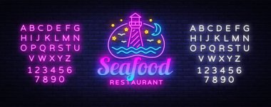Deniz ürünleri Restoran neon işareti vektör. Deniz ürünleri tasarım şablonu, deniz feneri kavramı ışık afiş, neon tabela, her gece parlak reklam, ışık yazıt. Vektör. Metin neon işareti düzenleme