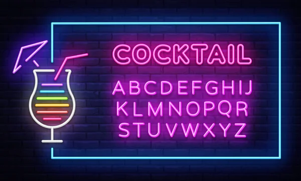 Kokteyl neon tabela tasarım şablonu vektör. Gece kulübü neon çerçeve ışık afiş tasarım öğesi, renkli modern tasarım trend, gece parlak reklam, parlak işareti. Vektör. Metin neon işareti düzenleme — Stok Vektör