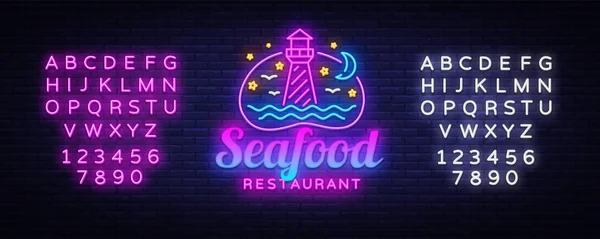 Seafood Restaurant vector de signo de neón. Plantilla de diseño de mariscos, banner de luz de concepto de faro, letrero de neón, publicidad nocturna brillante, inscripción de luz. Vector. Edición de texto signo de neón — Vector de stock