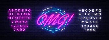 OMG Neon metin vektör. Komik yazı Omg neon tabela, tasarım şablonu, modern trend tasarım, gece neon tabela, konuşma balonu, poster ve etiket kavramı. Vektör. Metin neon işareti düzenleme