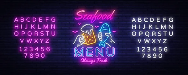 Menú de mariscos Neon Design Vector. Signo de neón de menú de mariscos, plantilla de diseño, diseño de tendencia moderna, letrero de noche, publicidad brillante noche, banner de luz, arte de la luz. Vector. Edición de texto signo de neón — Vector de stock