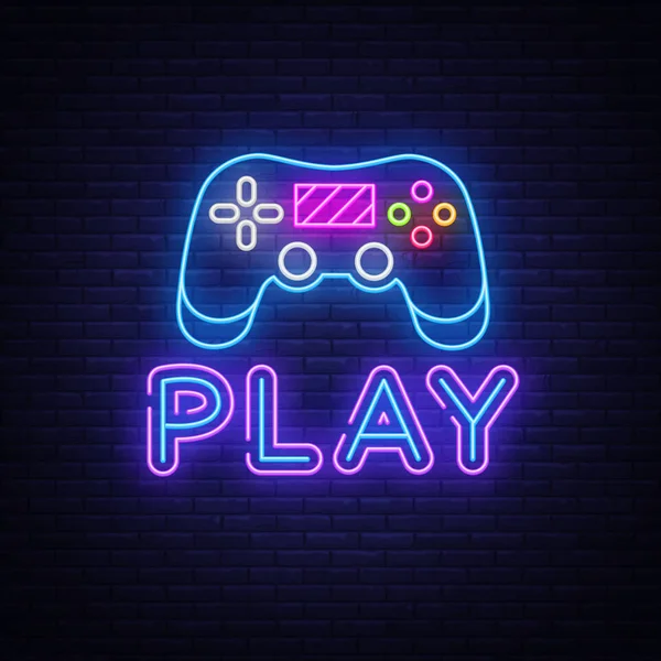 Gaming neon sign vector. Play Design template neon sign, light banner, neon signboard, nightly bright advertising, light inscription. Vector illustration — Stock Vector