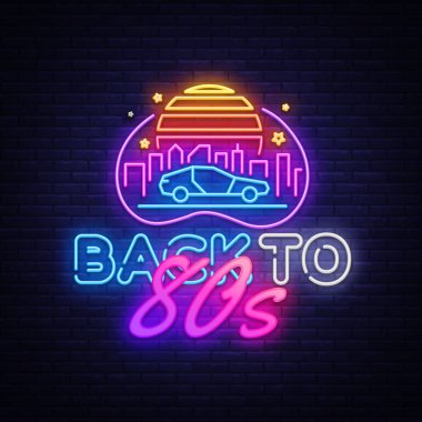 80 'lerin neon ışığı vektörüne dönelim. 80 'lerin Retro tasarım tasarım şablonu neon tabela, ışıklı pano, neon tabela, gece vakti parlak reklamlar, hafif yazılar. Vektör illüstrasyonu