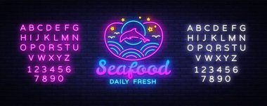 Deniz ürünleri Restoran neon işareti vektör. Deniz ürünleri günlük taze tasarım şablonu, kavram ışık afiş, neon tabela, her gece parlak reklam, ışık yazıt. Vektör. Metin neon işareti düzenleme