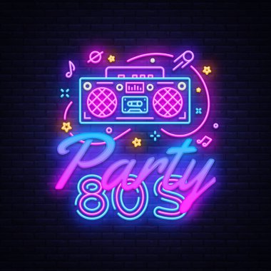 80 lerin parti Neon işareti vektör. Geri 80s için neon tasarım şablonu, modern trend tasarım, gece tabela, gece parlak reklam, ışık afiş, ışık sanat. Vektör çizim
