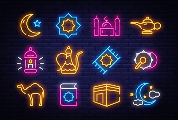 Ramadán Kareem ikona kolekce neon stylu. Designové prvky, světelný nápis, Neon šablony přání. Měsíc půstu pro muslimy. Islámský design vektor — Stockový vektor