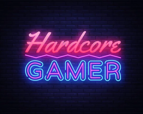 Hardcore Gamer Neon Text Vector. Gaming neon sign, design template, modern trend design, night signboard, night bright advertising, light banner, light art. Vector illustration — Stock Vector