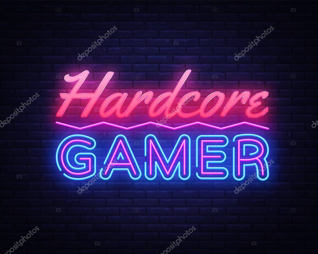 Hardcore Gamer Neon Text Vector. Gaming neon sign, design template, modern trend design, night signboard, night bright advertising, light banner, light art. Vector illustration.