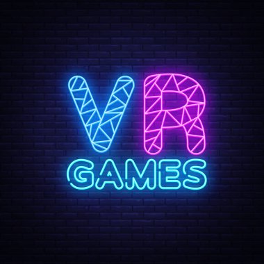 VR Gamer neon metin vektör tasarım şablonu. Oyun neon logo, ışık afiş tasarım öğesi renkli modern tasarım trend, gece parlak reklam, parlak işareti. Vektör çizim