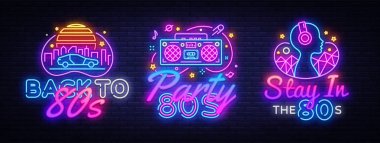 80s koleksiyonu neon işaretler vektör. Geri 80s tasarım şablonu kavramı. Neon afiş arka plan tasarımı, gece sembolü, modern Trend tasarımı. VECTRO Illüstrasyon
