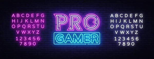 Pro-Gamer Neon-Zeichen-Vektor. Neon-Gaming-Design-Vorlage, Lichtbanner, Nachtplakat, nächtliche helle Werbung, Lichtinschrift. Vektorillustration. Bearbeiten von Text Leuchtreklame — Stockvektor