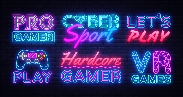 Gaming Collection fényreklámok vektor. Gamer tervezősablon koncepció. Neon banner háttér tervezése, éjszakai szimbólum, modern trend design. Vectro illusztráció — Stock Vector