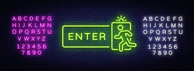 Neon işareti vektör tasarım şablonunu girin. Çıkış neon tabela girin, ışık afiş tasarım elemanı renkli modern tasarım eğilim, gece parlak reklam, parlak işareti. Vektör. Metin Neon işaretini düzenleme