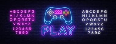 Oyun neon işareti vektör. Play Tasarım şablonu neon işareti, ışık afiş, neon tabela, gece parlak reklam, ışık yazıt. Vektör illüstrasyon. Metin neon işaretini düzenleme