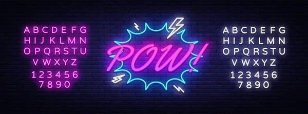 Pow Neon Text Vector. Comic lettering Pow neon sign, design template, design moderno di tendenza, cartello al neon notturno, bolla vocale, banner luminoso. Illustrazione vettoriale. Modifica testo neon segno — Vettoriale Stock