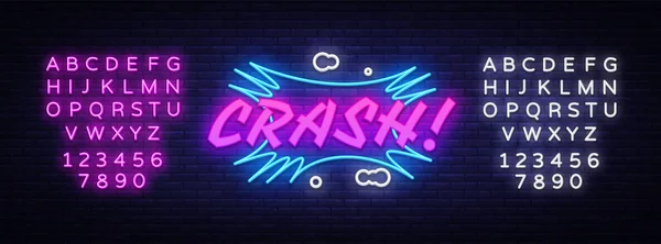 Modelo de design de vetor de texto neon CRASH. Bolha de fala em quadrinhos Crash no estilo neon, elemento de design de banner leve tendência de design moderno colorido, publicidade brilhante noturna. Vector. Edição de texto sinal de néon — Vetor de Stock