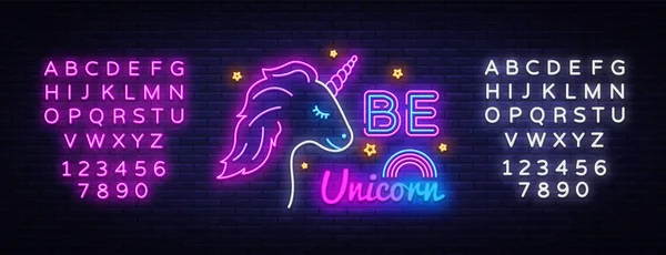 Unicorn neon işareti vektör tasarım şablonu olun. Unicorn neon işareti, ışık afiş tasarım elemanı renkli modern tasarım trendi, gece parlak reklam, parlak işareti. Vektör. Metin neon işaretini düzenleme — Stok Vektör