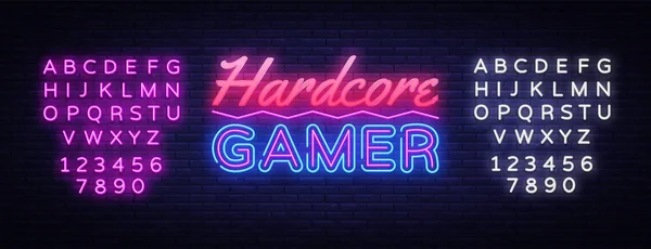 Hardcore Gamer Neon Text Vector. Gaming neon sign, design template, modern trend design, night signboard, night bright advertising, light banner, light art. Vector. Editing text neon sign — Stock Vector