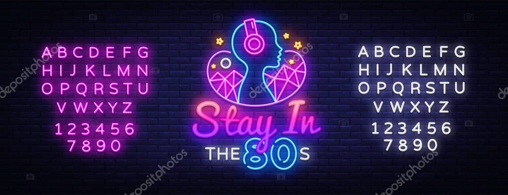 Stay in the 80s neon sign vector design template. Back to the 80s neon logo, light banner design element colorful modern design trend, night bright advertising. Vector. Editing text neon sign.